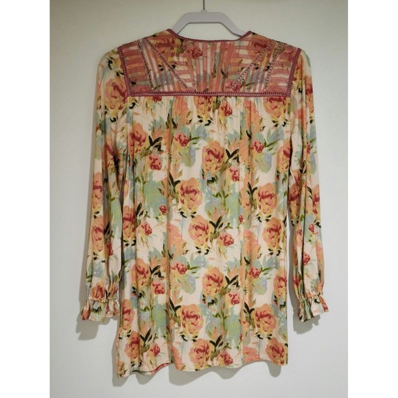 Soft Surroundings Womens V-Neck Long Sleeve Pullover Top Pink Green Floral Sz XS - Picture 3 of 8